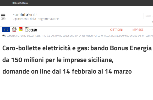 Caro-bollette elettricità e gas: bando Bonus Energia da 150 milioni per le imprese siciliane, domande on line dal 14 febbraio al 14 marzo